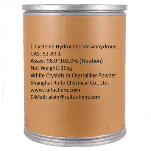 L-Cysteine ​​Hydrochloride anhydrous CAS 52-89-1 Assay 98.0~102.0% (Titration) Pabrik Kualitas Luhur